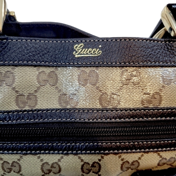 Gucci Abbey Brown & Beige Crystal Wax Canvas Monogram Pocket Tote - Picture 6 of 14